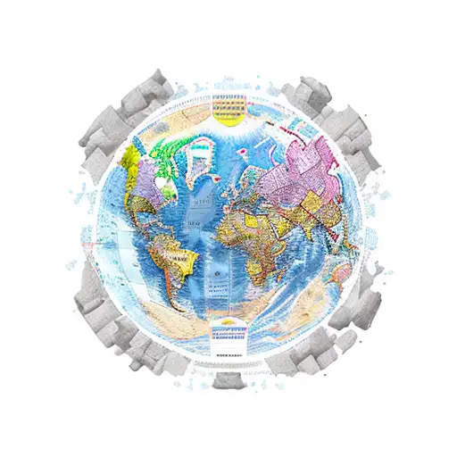 A vibrant and detailed world map with the Great Wall of China, Petra, Christ the Redeemer, Machu Picchu, Chichén Itzá, Colosseum, Taj Mahal, and Giza Pyramids highlighted in different colors tattoo design idea