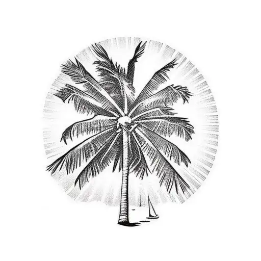 Palm tree beach and sea, Filipino sun in background, Edelweiss in corner tattoo design idea