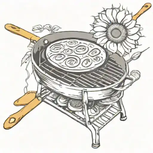 Grill with a frying pan under sunflower tattoo design idea