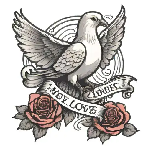 A dove with a red rose  with the phrase 'LongLiveMyLovedOnes' tattoo design idea