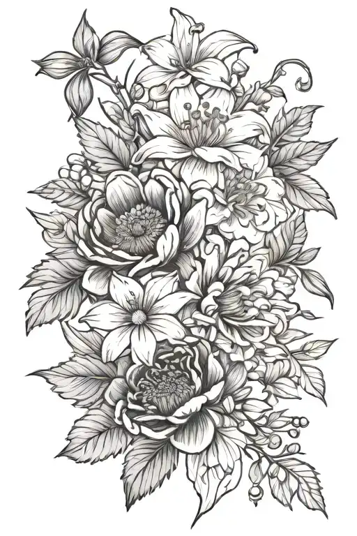 Marigold,aster,primrose,poppy,Lilly of the valley  tattoo design idea