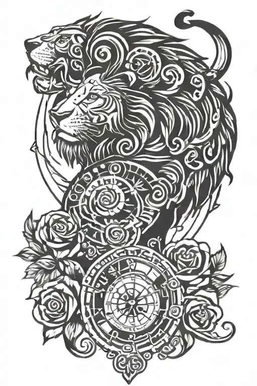 lion and rose and time travel tattoo design idea