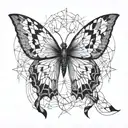 An abstract geometric pattern inspired by the wings of a butterfly, with subtle hints of the Victory of Samothrace sculpture integrated into the design tattoo design idea