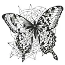 An abstract geometric pattern inspired by the wings of a butterfly, with subtle hints of the Victory of Samothrace sculpture integrated into the design tattoo design idea