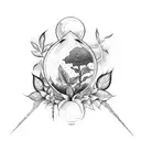 A broken hourglass overgrown with plants and a silhouette of a backer in the center  tattoo design idea