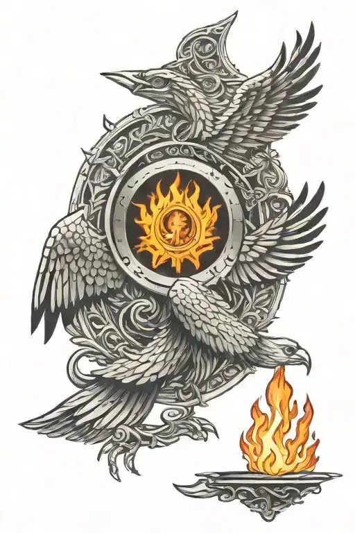 A central, majestic Faravahar symbol with an eternal flame encircling it, representing the core of Zoroastrian belief.  tattoo design idea