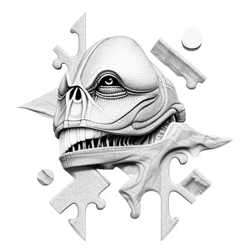 A 3-d puzzle piece, leading into an alternate universe with aliens tattoo design idea