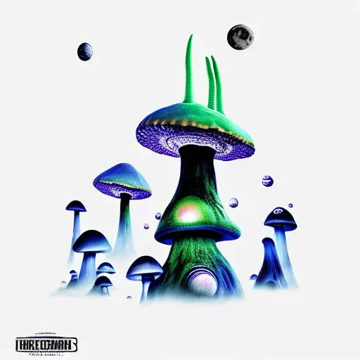 Aliens, arriving to Earth, space, moon, stars, landing on mushrooms tattoo design idea