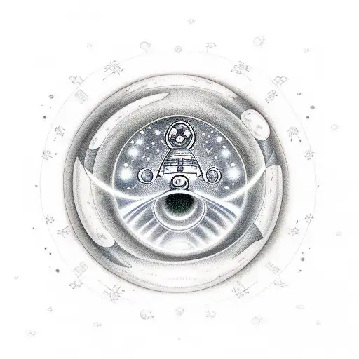 Aliens, ufo, arriving to Earth, little green men, space, moon, stars, landing on mushrooms tattoo design idea