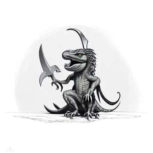 anthropomorphic velociraptor, dressed like macbeth, holding a dagger tattoo design idea