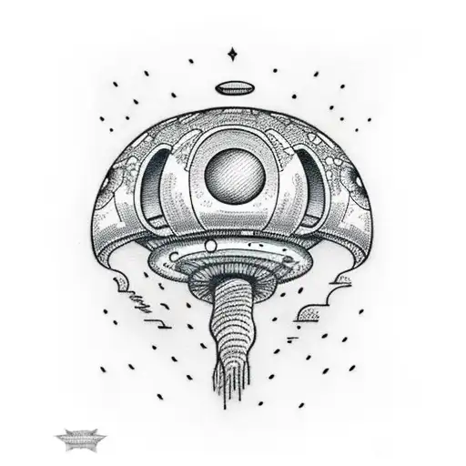 Aliens, ufo, arriving to Earth, landing on mushrooms tattoo design idea
