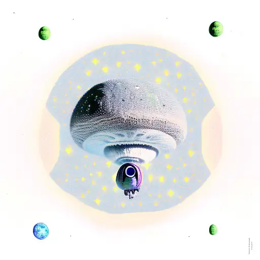 Aliens, ufo, arriving to Earth, little green men, space, moon, stars, landing on mushrooms tattoo design idea