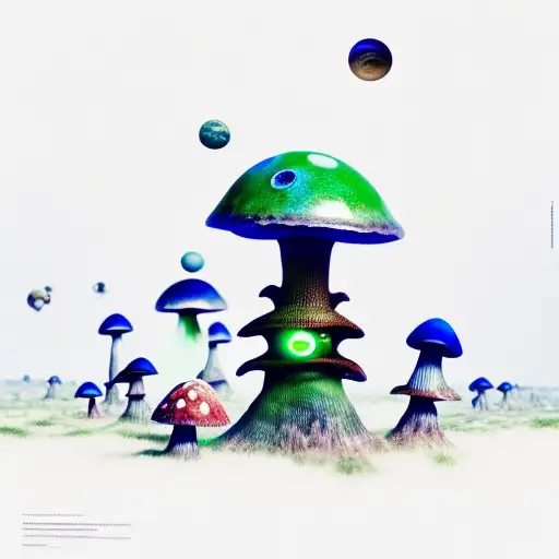 Aliens, arriving to Earth, little green men, space, moon, stars, landing on mushrooms tattoo design idea