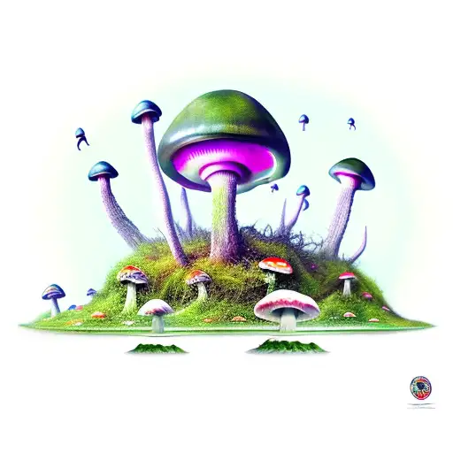 Aliens, green creatures, ufo, arriving to Earth, landing on mushrooms tattoo design idea