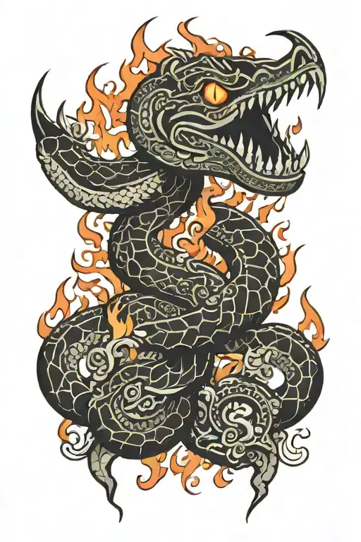 aztec snake and fire in background tattoo design idea