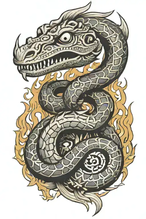 aztec snake and fire in background tattoo design idea