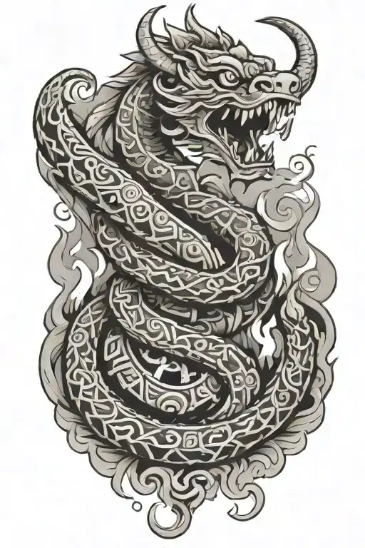aztec serpent  and fire in background tattoo design idea