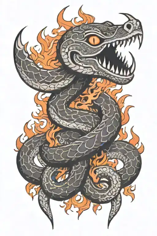 aztec snake and fire in background tattoo design idea