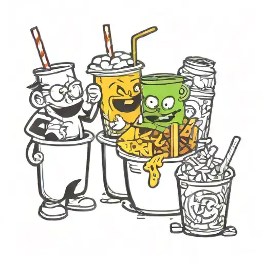 A graffiti-style mural of cartoon characters enjoying snacks and soda at a rave tattoo design idea