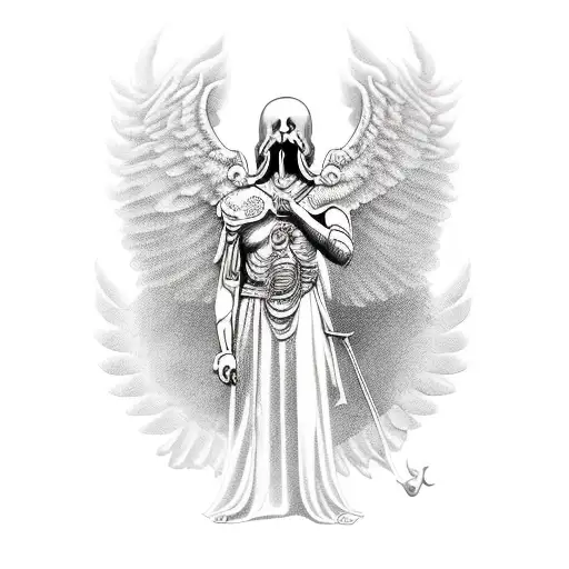 Thanatos, the Greek god of death, donning a Corinthian helmet and wings full body tattoo design idea