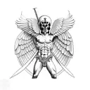 Thanatos, the Greek god of death, donning a Corinthian helmet and wings full body tattoo design idea