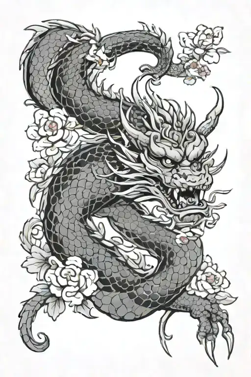 Yakuza dragon sakura flowers tattoo design idea
