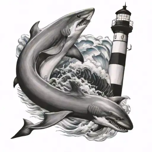 nautical, ship, light house, hammer head shark, waves,  tattoo design idea