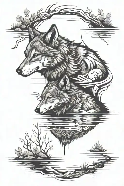 wolf looking into lake and seeing his reflection as a puppy tattoo design idea