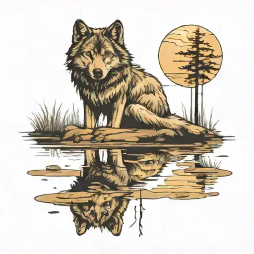 wolf looking into lake and seeing his reflection tattoo design idea