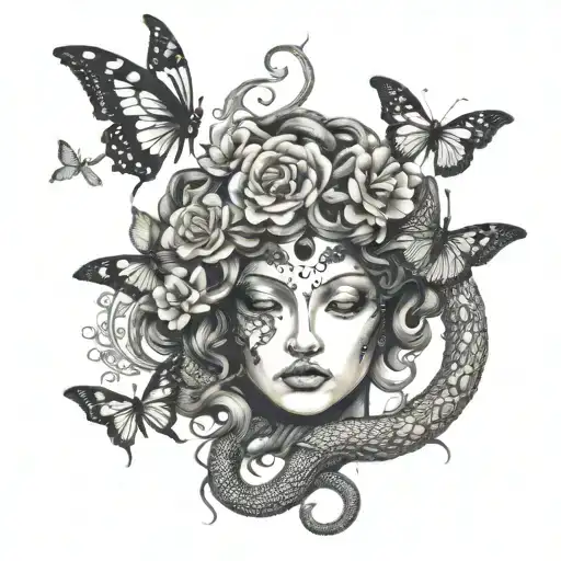 fine line medusa head and hand with butterflies and flowers in the snakes  tattoo design idea