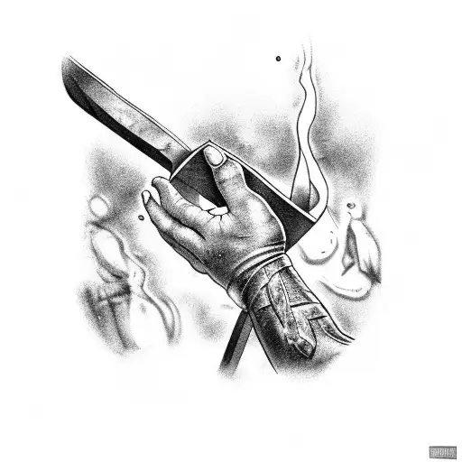 Blacksmith hammering his own steel hand on an anvil, sparks and sweat tattoo design idea
