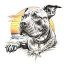 pit-bull on the beach with his human in the sunset  tattoo design idea