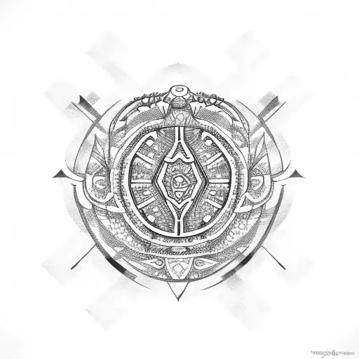 A dotwork design of a medium turtle surrounded by tribal symbols and geometric shapes tattoo design idea