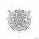 A dotwork design of a medium turtle surrounded by tribal symbols and geometric shapes tattoo design idea
