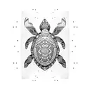 A dotwork design of a medium turtle surrounded by tribal symbols and geometric shapes tattoo design idea