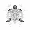 A dotwork design of a medium turtle surrounded by tribal symbols and geometric shapes tattoo design idea