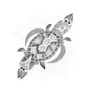 A dotwork design of a medium turtle surrounded by tribal symbols and geometric shapes tattoo design idea