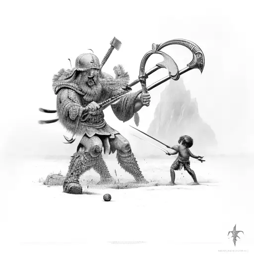 David versus Goliath sleeve tattoo design idea