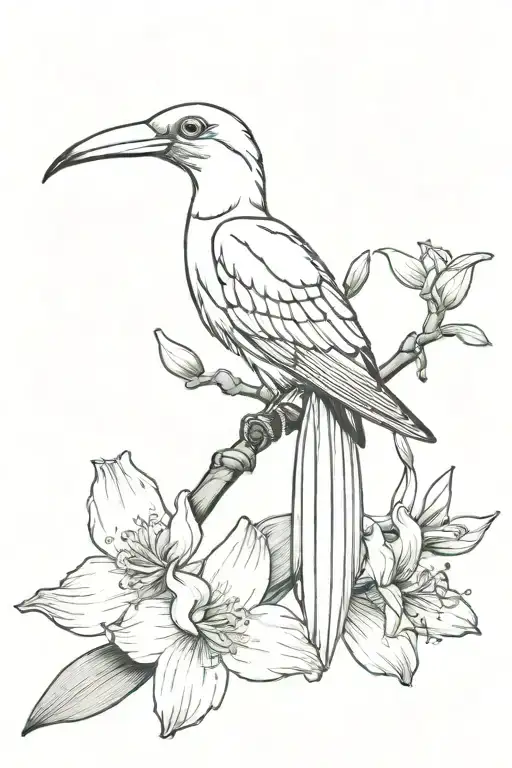 quetzal bird with white nun orchid  tattoo design idea