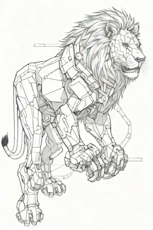 A lion with a robotic arm, symbolizing strength and innovation tattoo design idea