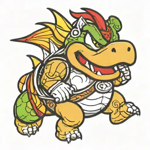 bowser Jr with calligraphy background black and white tattoo design idea