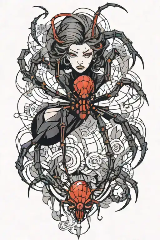 human black widow spider hybrid creature combining elements tattoo design idea