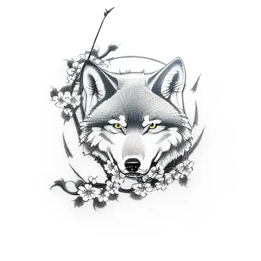 Japanese samurai and a wolf forearm with cherry blossom cherry and japanese temple in the background   tattoo design idea