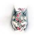 Japanese samurai and a wolf forearm with cherry blossom cherry and japanese temple in the background   tattoo design idea