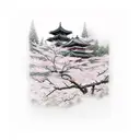 Japanese samurai and a wolf forearm with cherry blossom cherry and japanese temple in the background   tattoo design idea