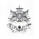 Japanese samurai and a wolf forearm with cherry blossom cherry and japanese temple in the background   tattoo design idea