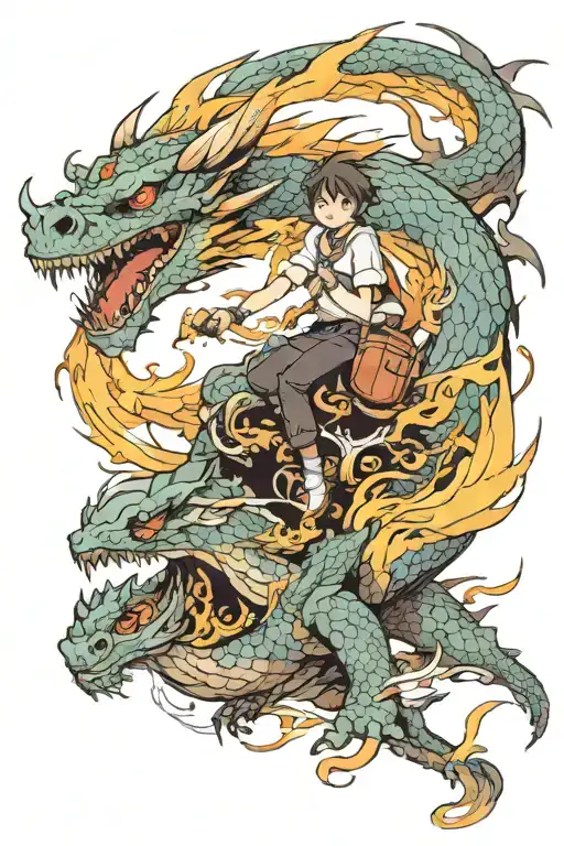 boy riding dragon breathing fire tattoo design idea