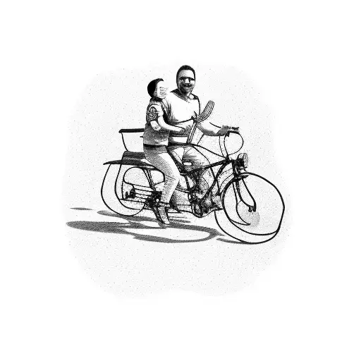 My dad and me on a Bike driving towards the camera, both smiling, me stitting front as a child tattoo design idea