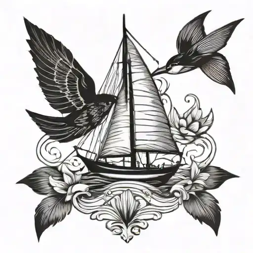 sailboat with a swallow bird tattoo design idea