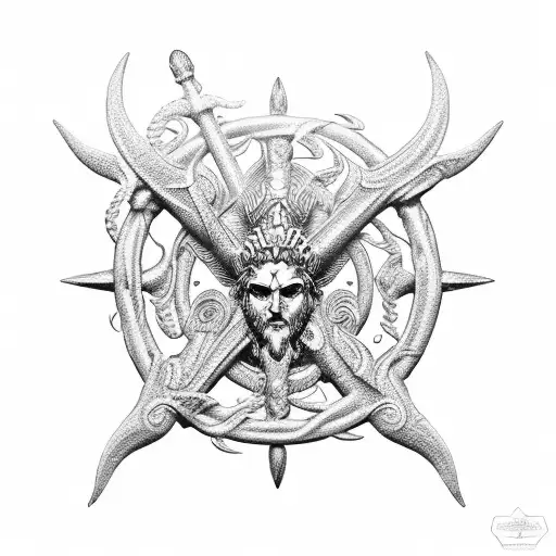 An intricate dotwork design of Poseidon's trident intertwined with military symbols tattoo design idea